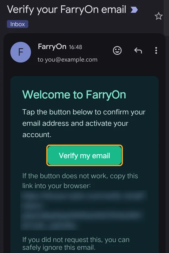 Verify your FarryOn email message