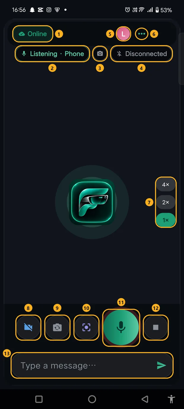 Home screen with 13 numbered controls