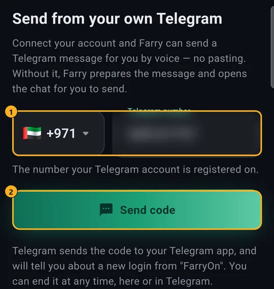 Send from your own Telegram: country, number and Send code