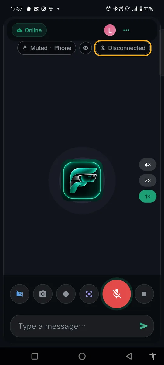 FarryOn home screen with the Disconnected glasses chip marked