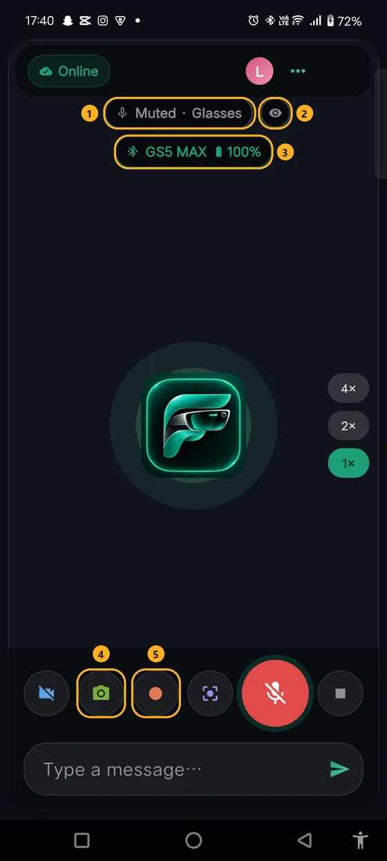 Home screen with glasses connected, five controls numbered