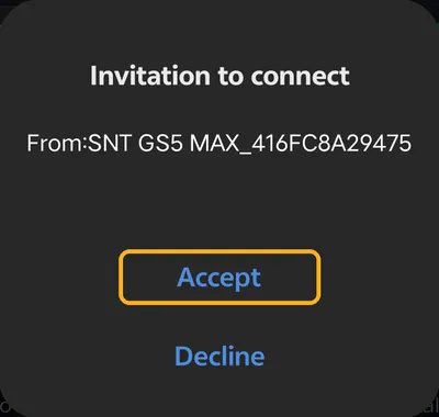 Invitation to connect from SNT GS5 MAX with Accept marked