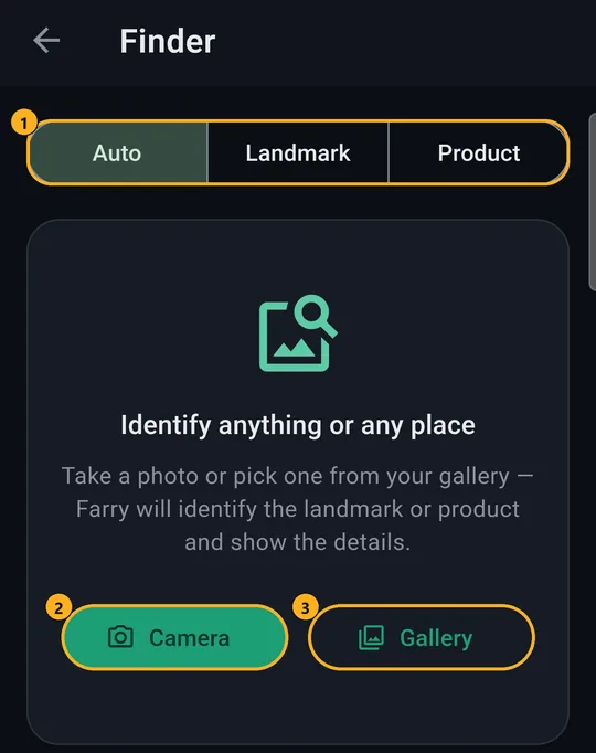 Finder with Auto, Landmark, Product and Camera, Gallery marked