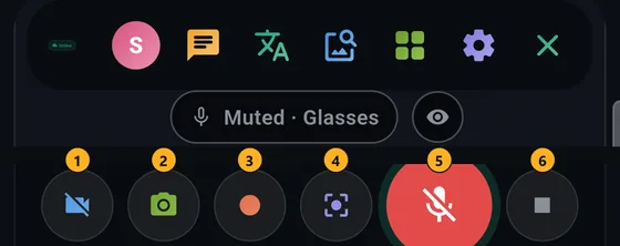 Top menu and bottom buttons with glasses connected, numbered 1 to 6