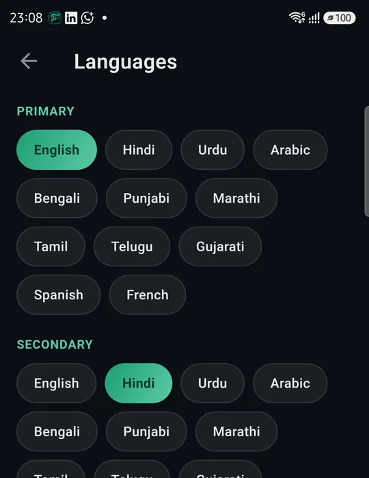 Languages: primary English, secondary Hindi