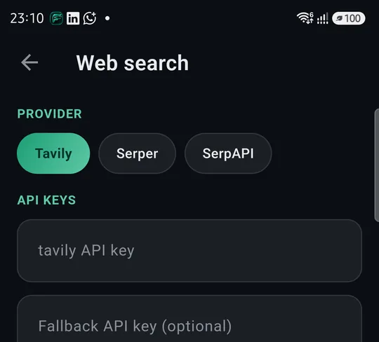 Web search: Tavily, Serper, SerpAPI and API key fields