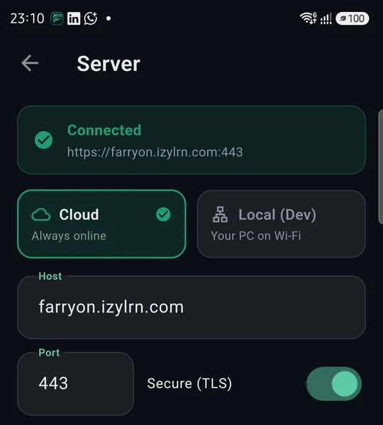 Server: Cloud selected, farryon.izylrn.com, port 443, secure