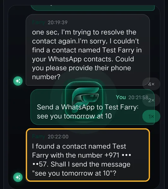 Farry: I found a contact … +971 ••• ••57. Shall I send the message?