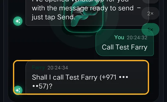 Shall I call Test Farry (+971 ••• ••57)?