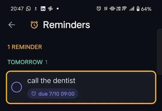 Reminders list with call the dentist due tomorrow