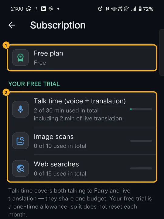 Subscription page: Free plan and trial usage