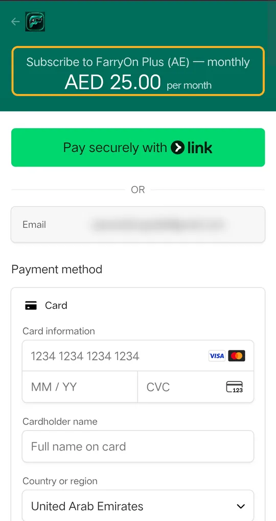 Secure checkout: Subscribe to FarryOn Plus, AED 25.00 per month
